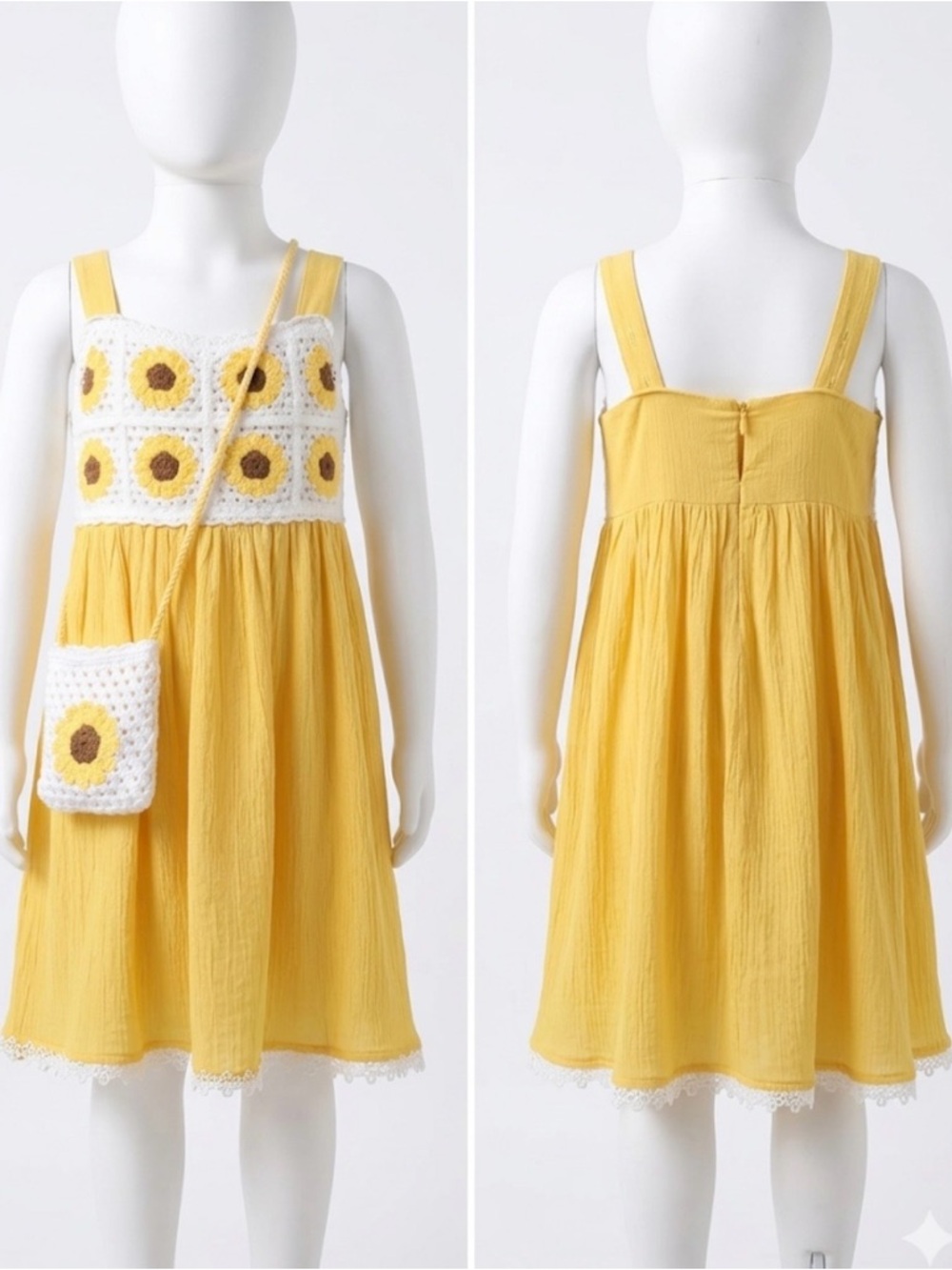 Sunflower Crochet-Panel Yellow Girls' Dress with Purse